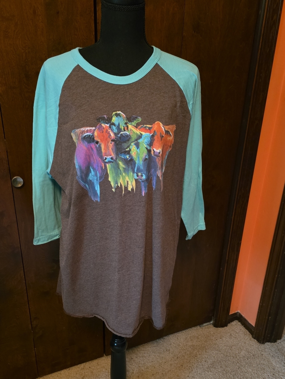 Crazy Train Teal Sleeve Brown Raglan with Colorful Cow Graphic